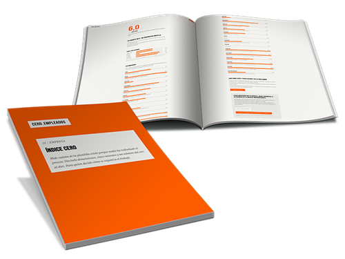 El Informe Cero impreso: la portada naranja del Índice Cero y un interior abierto con el índice de 6,0 y el desglose de las dieciséis dimensiones.